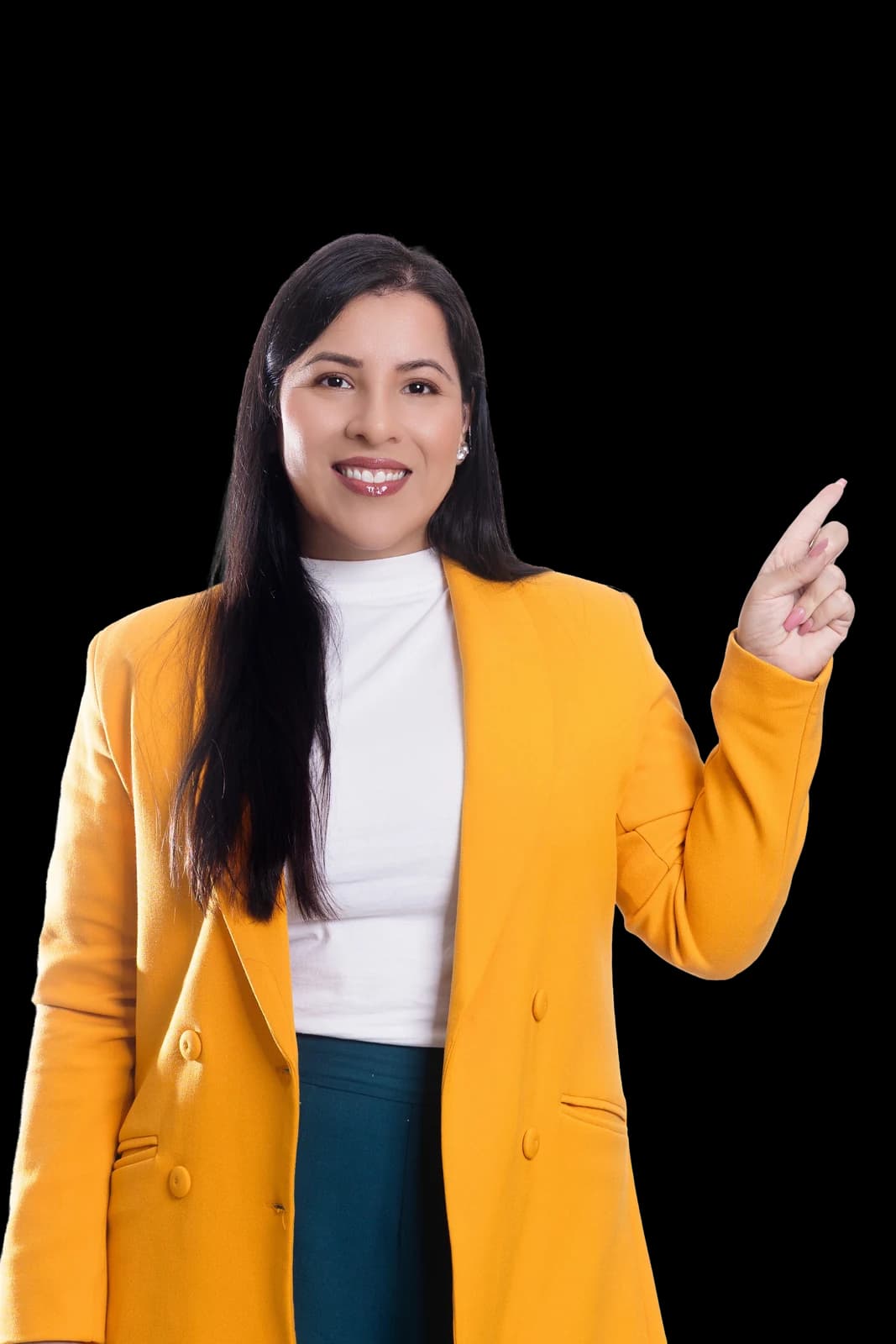 Talita Trindade, de blazer amarelo, apontando para o logo da campanha